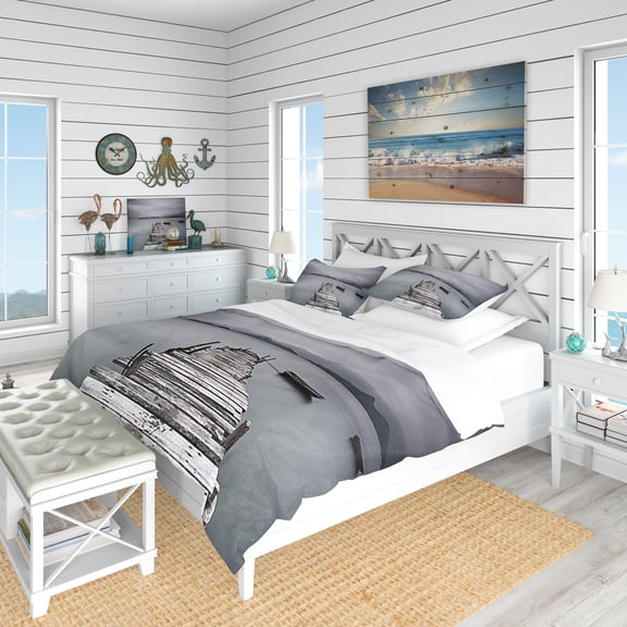 Designart 'Pier and Boats At Seashore' Coastal Duvet Cover Set