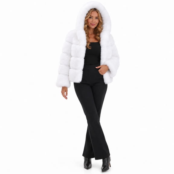 Women's Hooded Faux Fur Coat, Long Sleeve Plush Winter Jacket, S-4XL