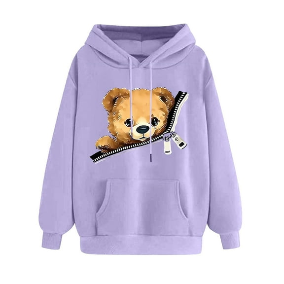Lcziwo Women's Printed Hoodie Long Sleeve Drawstring Comfy Sweatshirts Teddy Bear Print Pullover Winter Tops with Pockets Purple,L