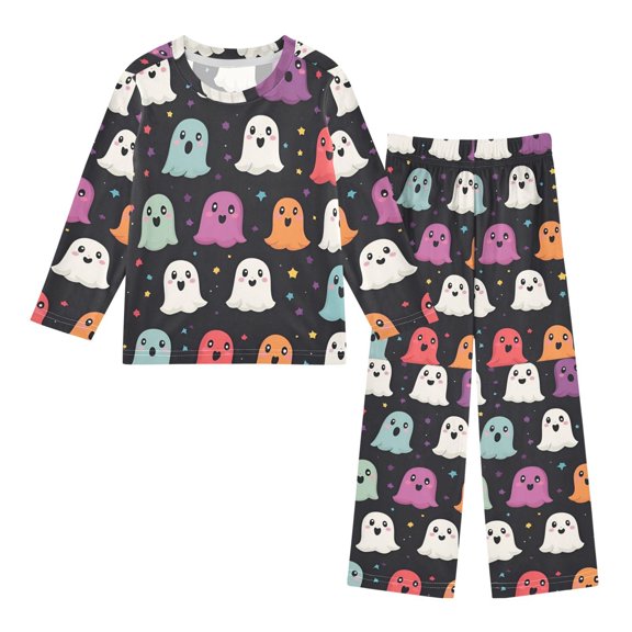 FORMRS Kids Pajama Set Fleece Long Sleeve Top Relaxed-Fit Pants Lounge Sleepwear, Sizes 3T-11Y, Colorful Halloween Ghost