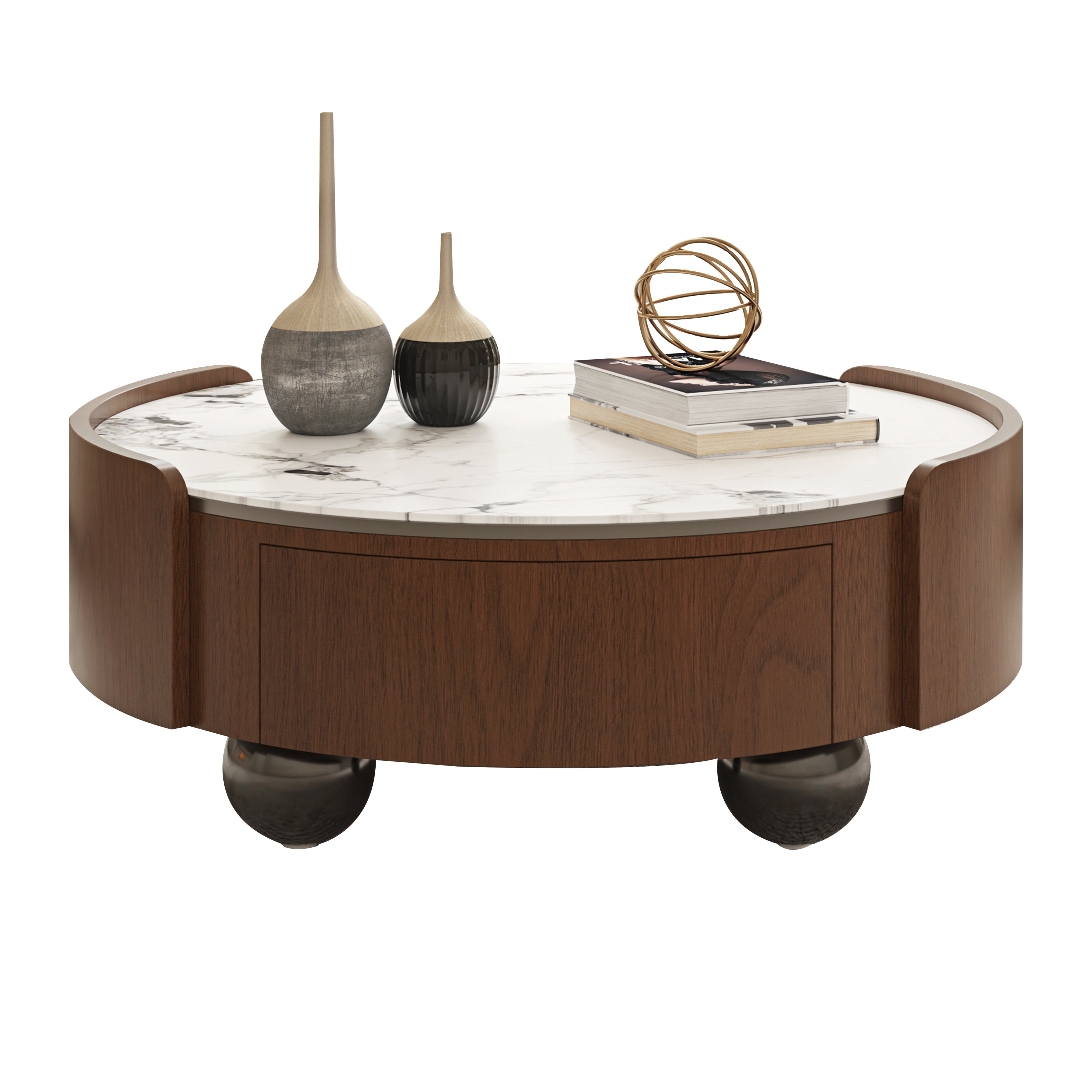 Euroco 35.43" Round Coffee Table with 2 Storage Drawers, Mid-Century Modern Wood Cocktail Table for Living Room,Bedroom Home Office,Walnut