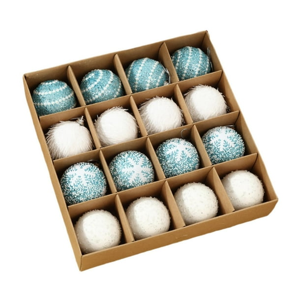 16 adornos navideños colgantes para árbol, bolas decorativas de espuma portátiles. Azul Blanco