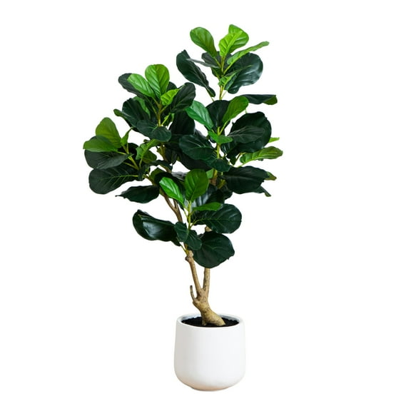Nearly Natural 4ft. Artificial Lush Fiddle Leaf Tree in Decorative White Planter