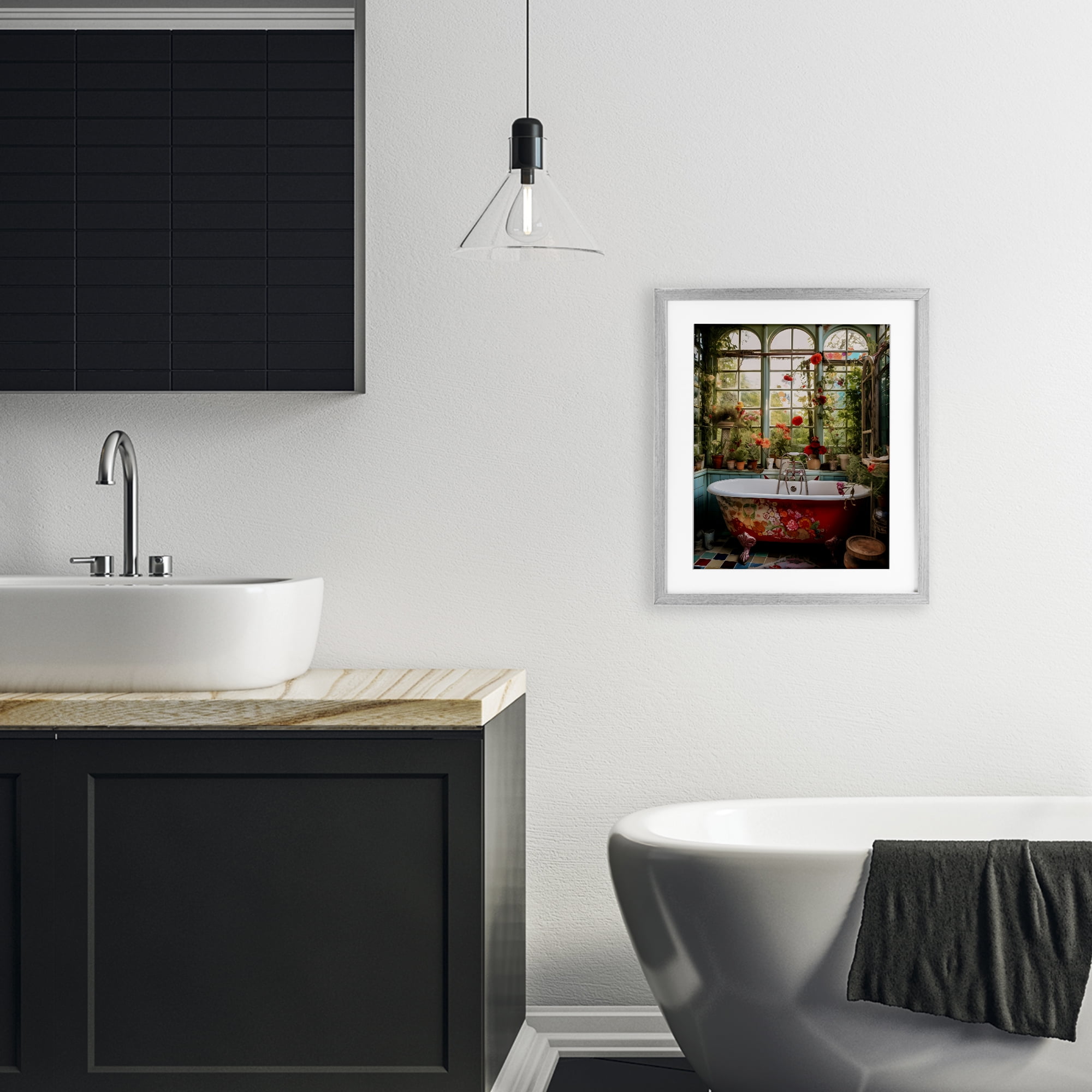 Floral Sunroom Tub Gray Framed Print Under Glass, design by Lettered and Lined