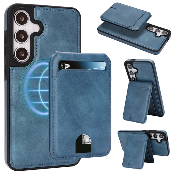 Allytechgroup 2 In 1 Wallet Case for Samsung Galaxy S24 FE, Detachable Magnetic Back Cover Cards Holder with ID Window Stand RFID Blocking Shockproof Retro PU Leather Phone Case, Blue