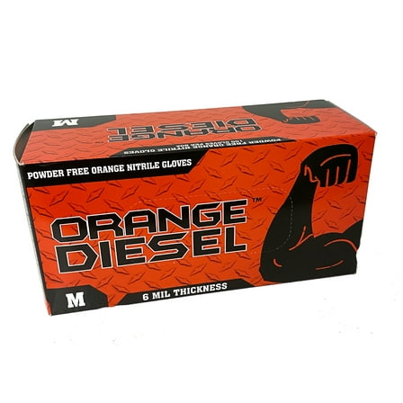 The Orange Diesel, Orange Nitrile Powder Free Disposable Gloves, 6 Mil, Diamond Textured, Beaded Cuff, Size XXL, 90 Gloves Per Box