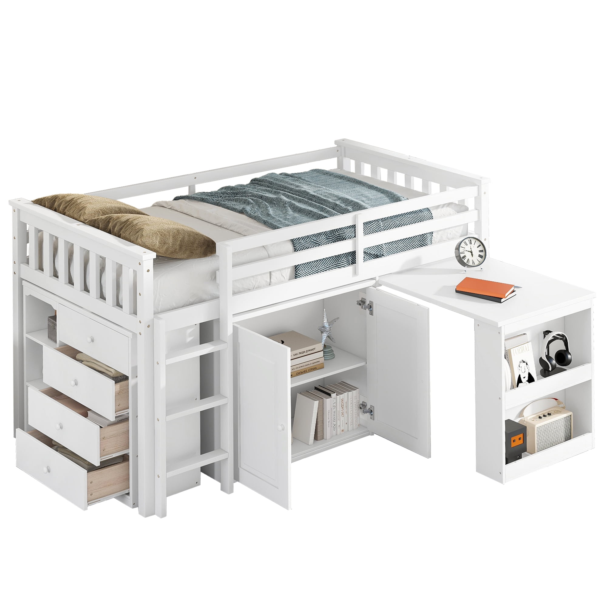 Sailvan Twin Loft Bed with Storage Cabinet, Drawer and Shelf Cabinet and Pulling-Out Desk