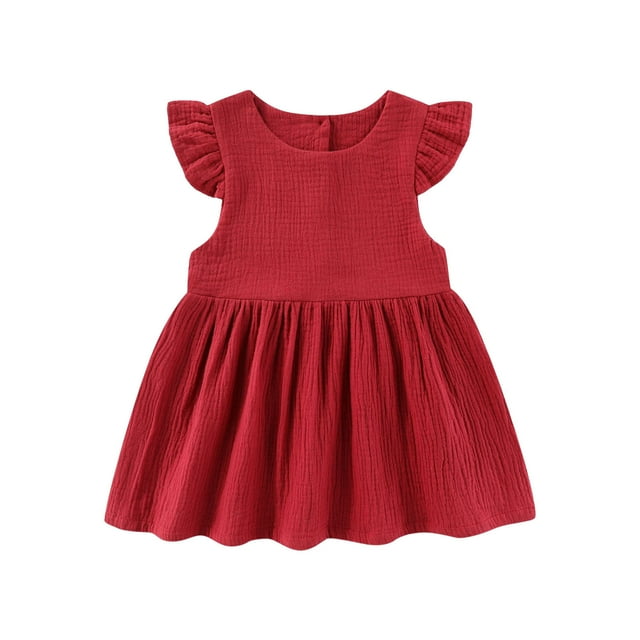 Robes pour Bébé Fille Tout-Petits Bébés Filles Été Manches Volantées Vacances Fête Robe Unie Décontractée Robe de Danse Fête Princesse Robes Nouveau-Né Robe Rouge 18 Mois-24 Mois
