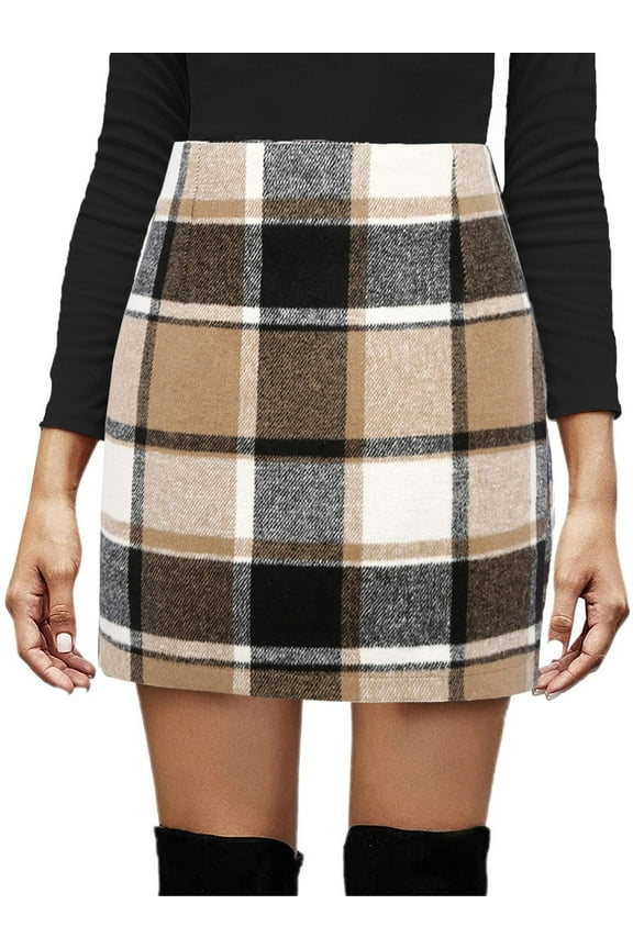 Women Wool Plaid Mini Skirt High Waist Winter Faux Wool Pencil Skirt Elegant Casua Vintage Mini Pencil Skirts Preppy Clothes for Teen Girls