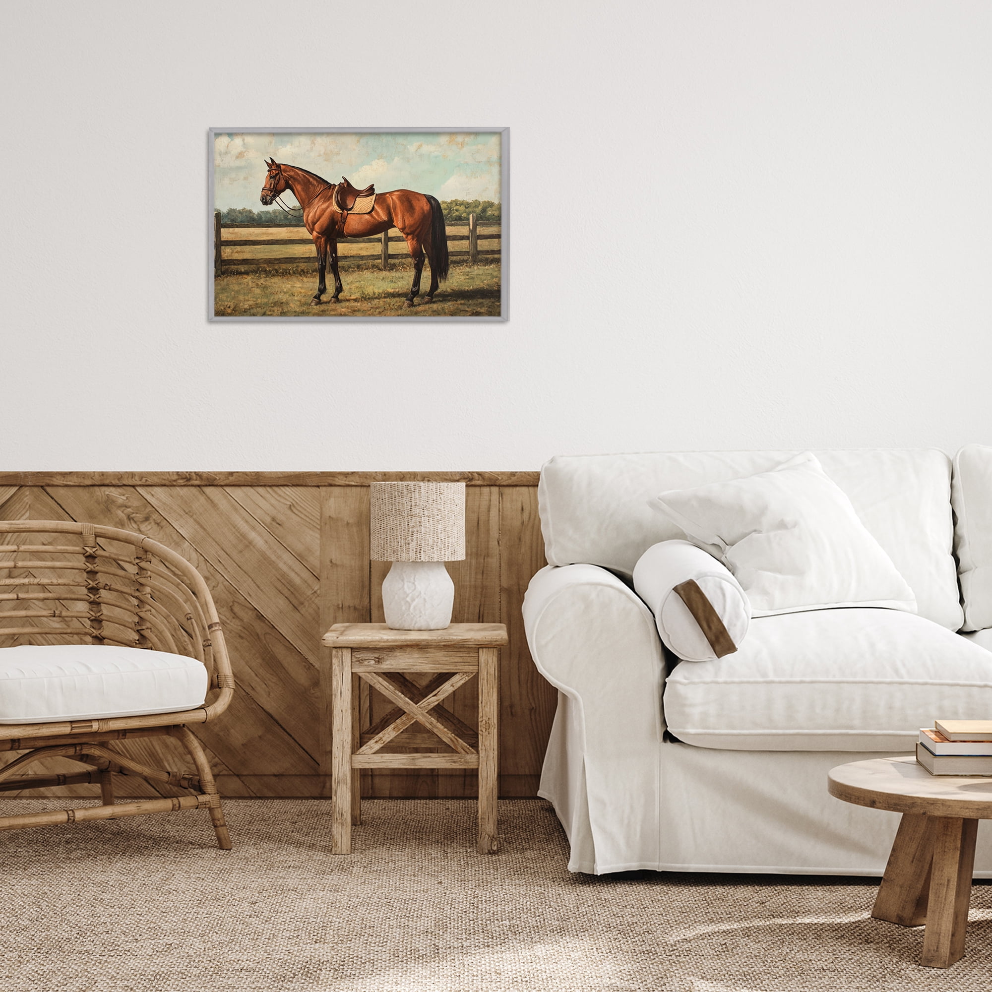 Stupell Industries Chocolate Stag Saddled in Pasture Gray Framed Giclee Art, design by Petal Prints Design
