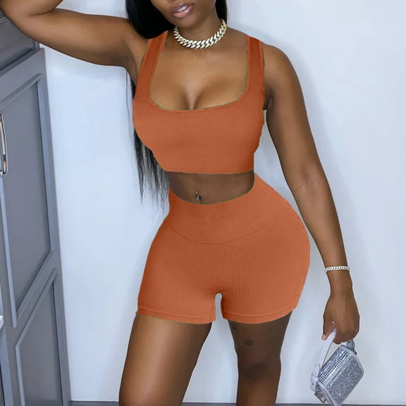 Idoravan Women Sets Clothing Fashion Women Two-Piece Round Neck Solid Sexy Sleeveless Tops and Short Pants Sets