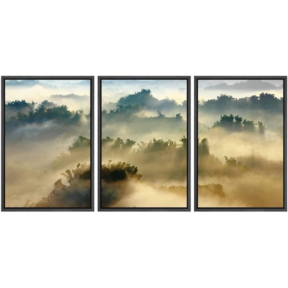 wall26 Framed Canvas Print Wall Art Set Sunlight Rays Over Dense Misty Jungle Forest Nature Wilderness Photography Modern Art Rustic Ultra for Living Room, Bedroom, Office - 24"x36"x3 BLACK