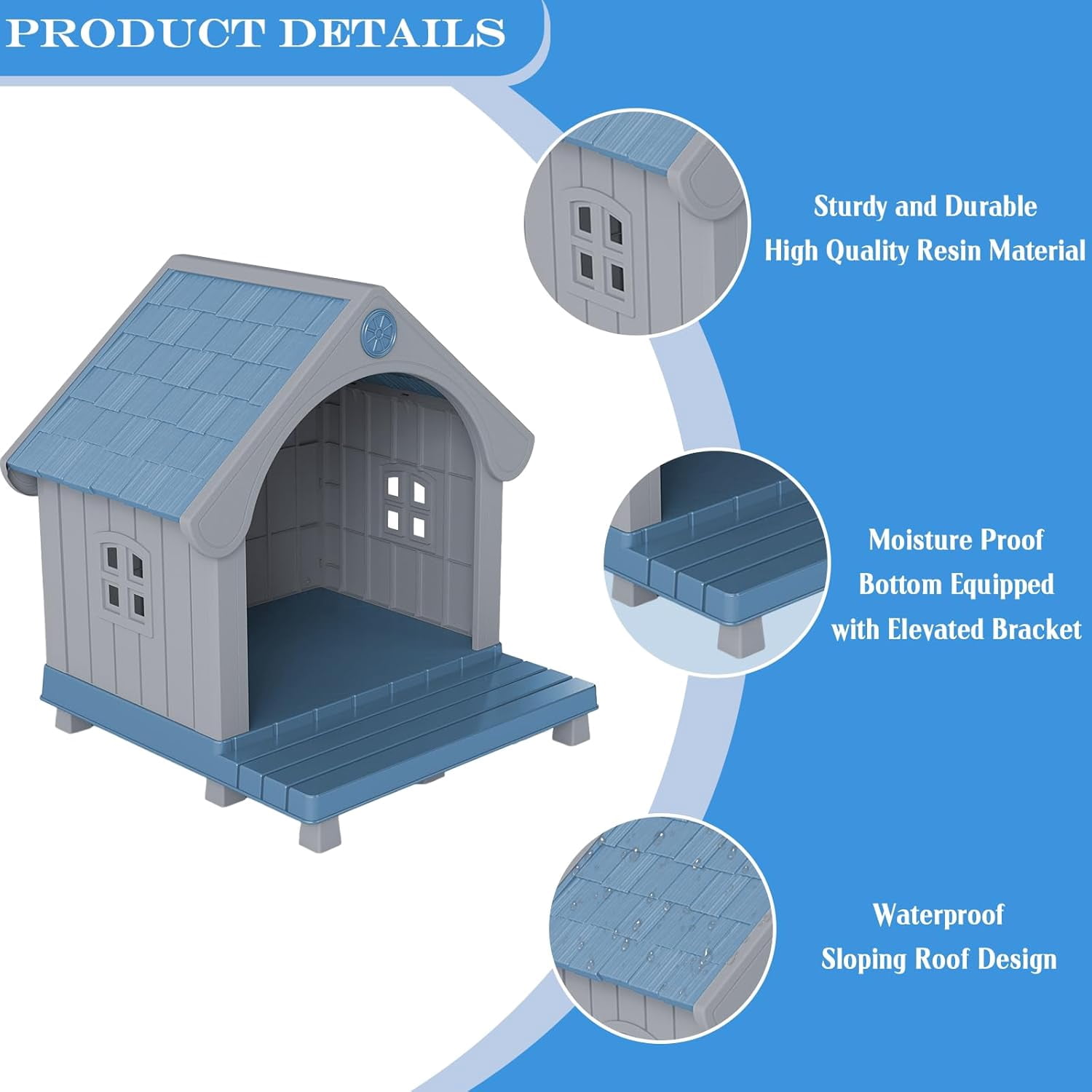 VIXZEN Large Dog House Outdoor, Plastic Weatherproof Dog House Outdoor with Elevated Floor Open Front Easy Clean & Assemble Dog Houses for Large Dogs Outside (Blue Gray)