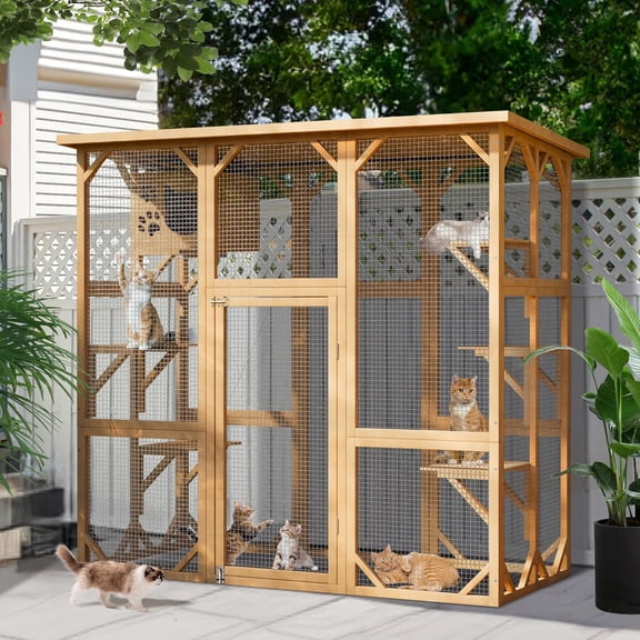 Catio Outdoor Cat Enclosures Walk in, Cat Kennel Kitten Wooden Cage, Large Activity Space with 5 Activity Platforms and Sleeping Room Weather Protection Asphalt Roof (Wood Color, Large)