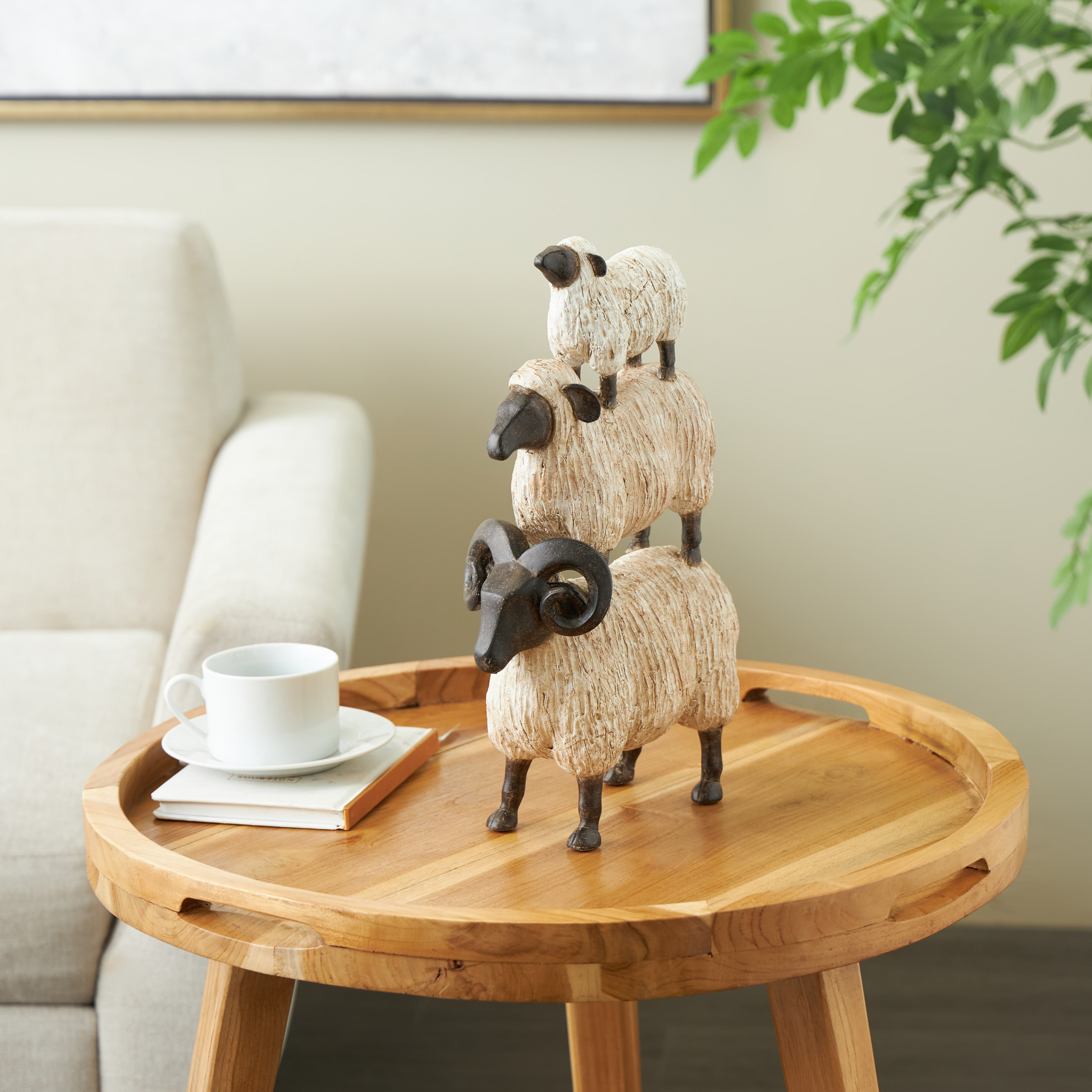 9" x 15" Cream Polystone Stacked Sheep Sculpture with Black Accents, by DecMode