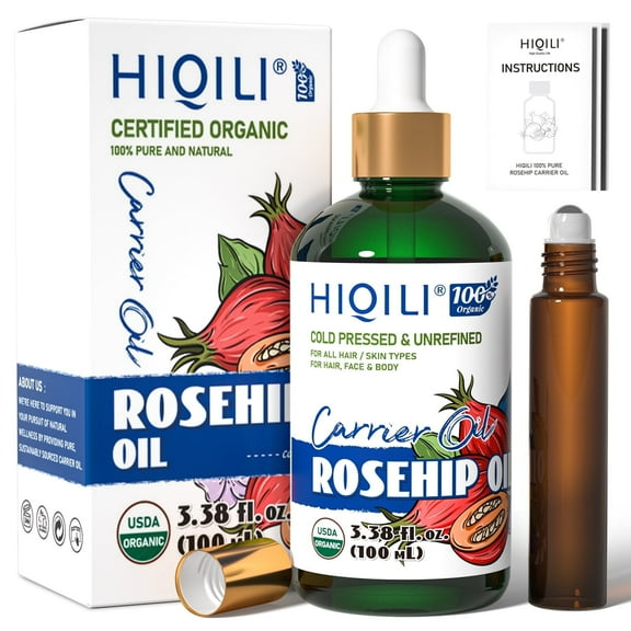 HIQILI Rosehip Seed Carrier Oil, Pure Cold Pressed Organic, 100mLfor Massage Skin Hair & Nails