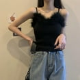 thumbnail image 5 of GENEMA Womens Sexy Faux Fur Feather Trim Camisole Knitting Spaghetti Strap Slim Tank Top Solid Color Fluffy Baselayer Sleeveless Sling Bandeau Vest, 5 of 19