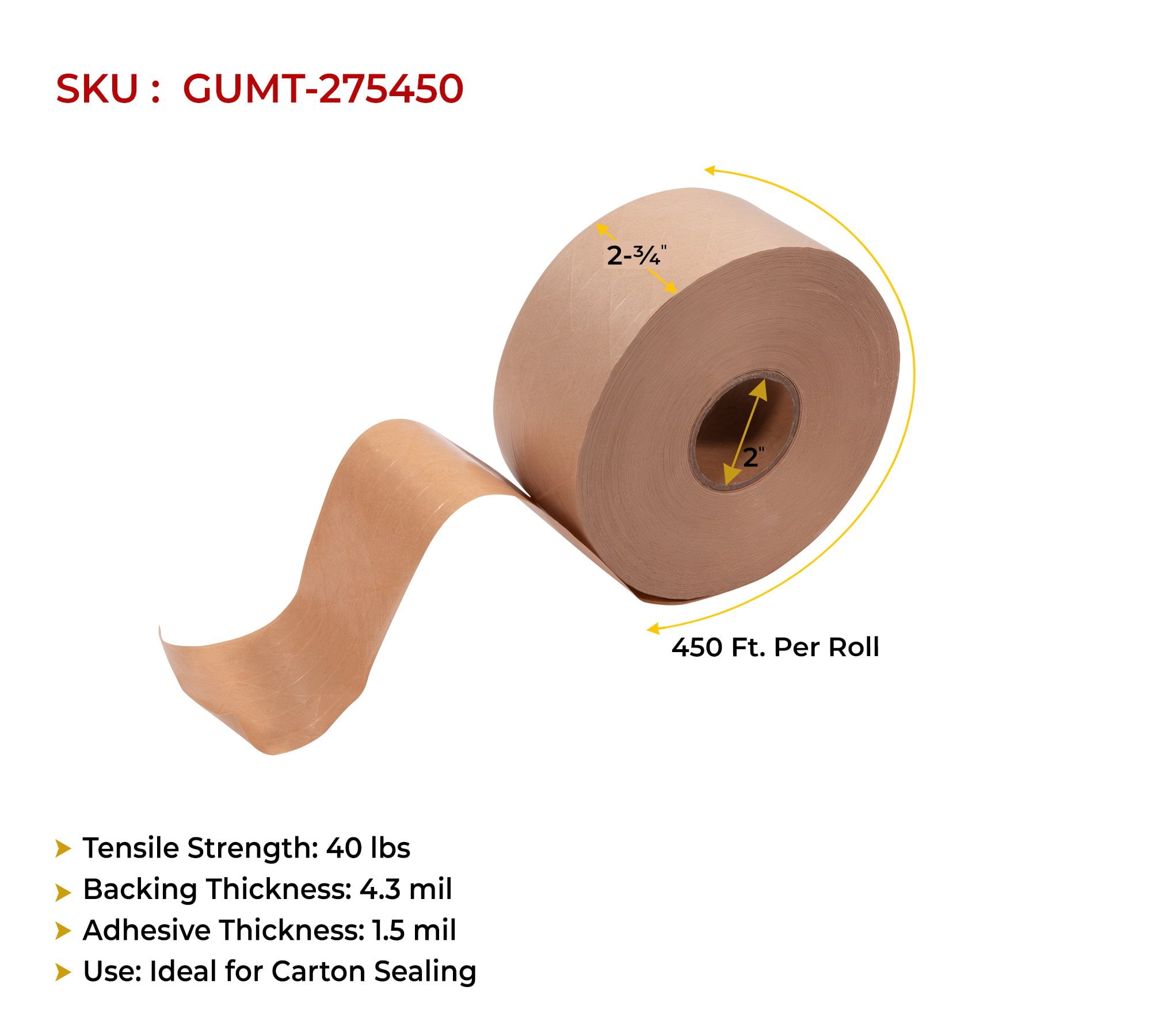 8 Rolls 2.75"x450' Water Activated Tape - Reinforced Gummed Tape for Package - Strong Adhesive & Holding Power Kraft Paper