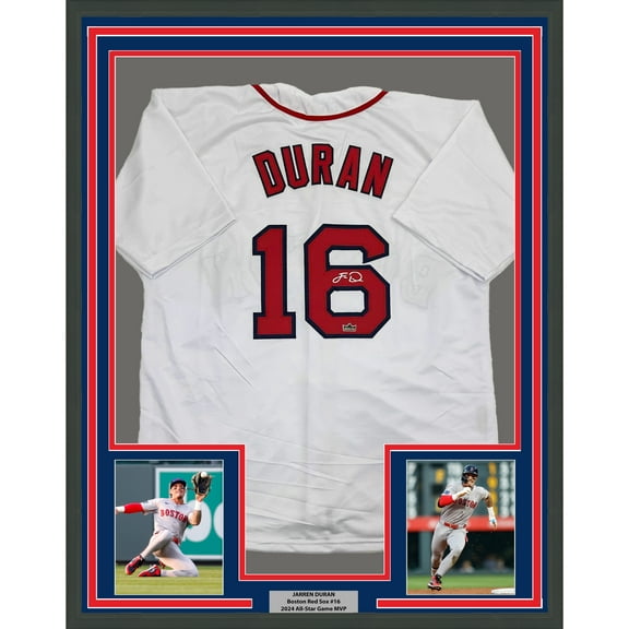 Framed Facsimile Autographed Jarren Duran 35x39 Boston White Reprint Laser Auto Baseball Jersey