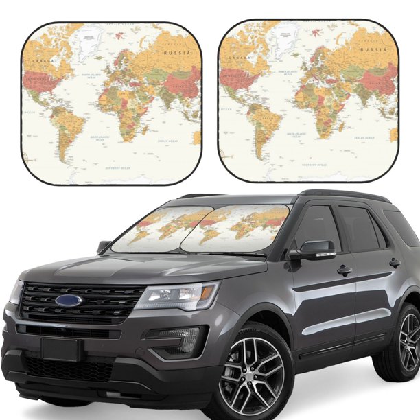Balery World Map 1 Parasol para parabrisas de coche de 2 piezas | Parasol plegable para parabrisas delantero de coche para la mayoría de sedanes-Small