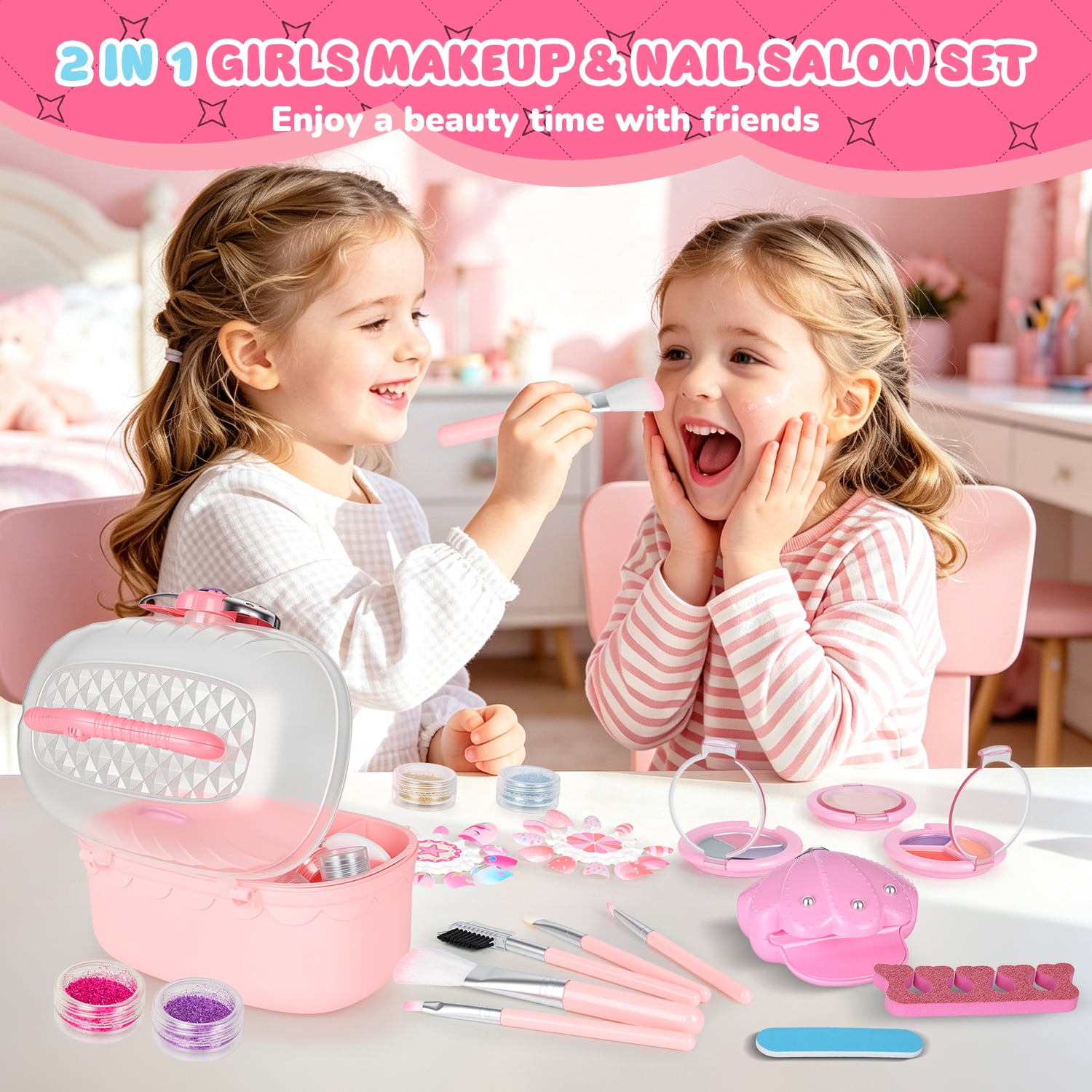 Flooyes Pretend Play Kids Colorful  Nail Toys Set, Shell Makeup Toy Kit for Little Girls Age 7-12 , Idea Birthday Gift for Kids 3-12
