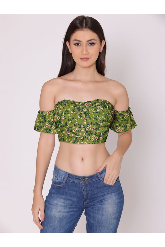 Women's Printed Off Shoulder Cute Tube Top Short Puff Sleeves High Waist Casual Wear Summer Crop Top