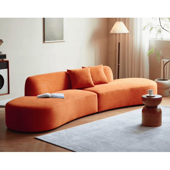 132" Curved Velvet Sofa with 6 Seats, Half Moon Design, Ideal for Modern Spaces (Red Orange)