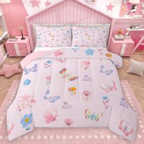 Homewish Cartoon Butterfly Animal Bedding Comforter Set for Kids, Cute Pink Floral Twin Comforter Sets, Kawaii Princess Theme Reversible Bedding Set, Ultra Soft Bedroom Decor, 2pcs