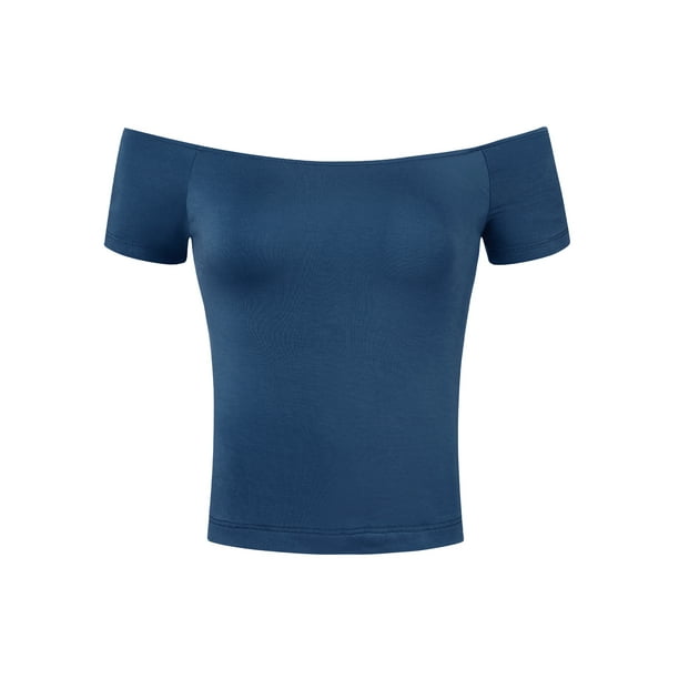 INSPIRAR CHIC Blusa de Mujer de Manga Corta Off the Shoulder de Longitud de Cadera Sólida XL Azul Marino