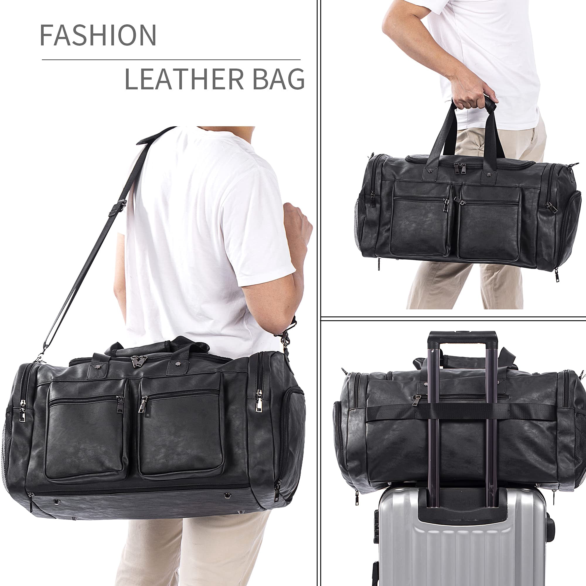 Travel Bag with Shoe Pouch,Weekender Overnight Bag Leather Large Carry On Bag