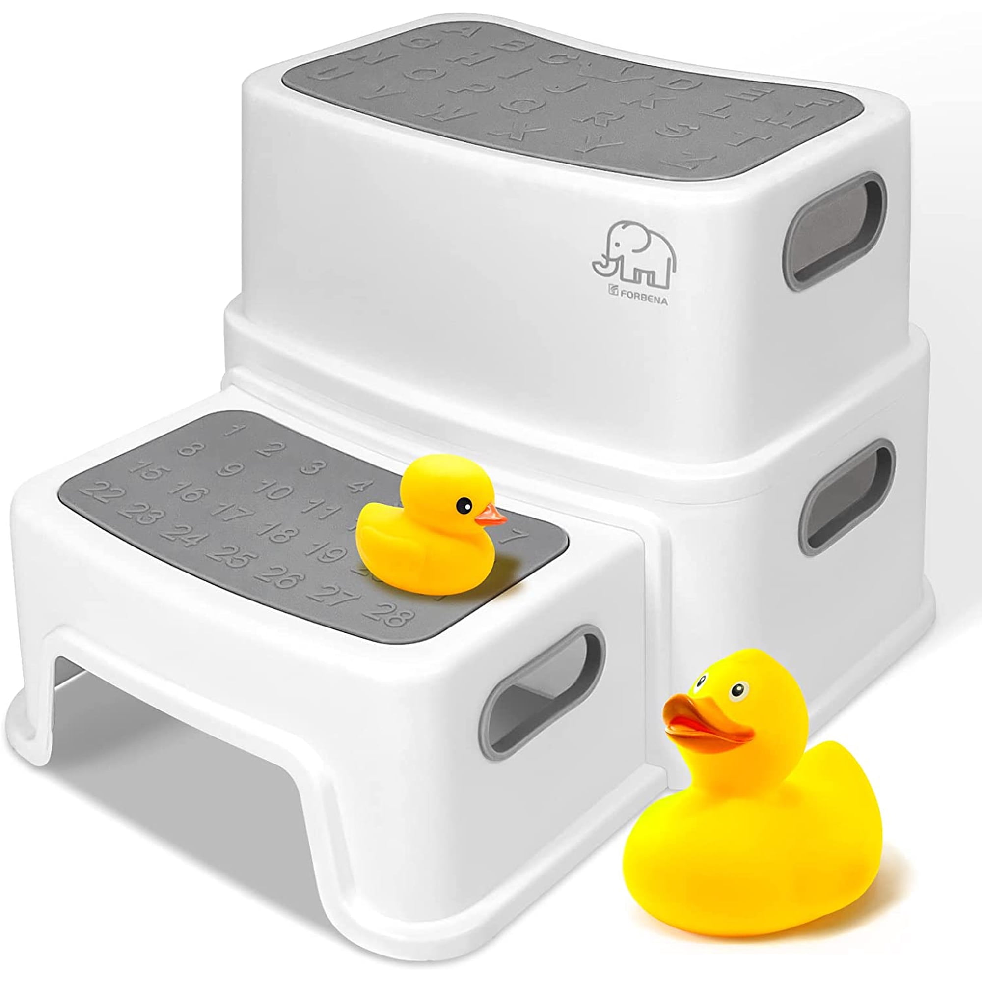 Toddler Step Stool for Bathroom Sink, 2 Step Stool for Kids Toilet Potty Training, Non-Slip Toddlers Baby Child Kid Plastic Poop Stools with Handle for Kitchen Counter Bed (White-Grey)