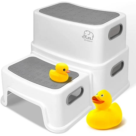 Toddler Step Stool for Bathroom Sink, 2 Step Stool for Kids Toilet Potty Training, Non-Slip Toddlers Baby Child Kid Plastic Poop Stools with Handle for Kitchen Counter Bed (White-Grey)