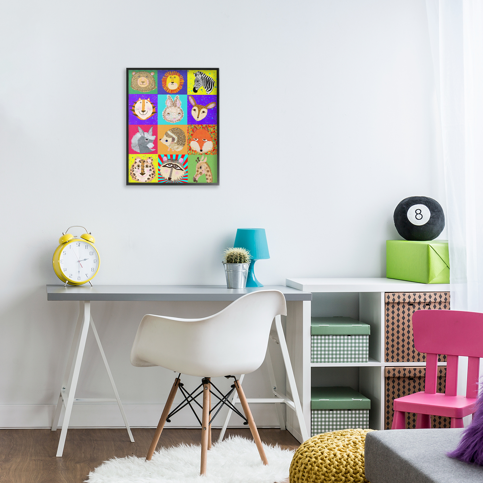Furry Faces Animals Black Framed Giclee Art, design by Lynnda Rakos