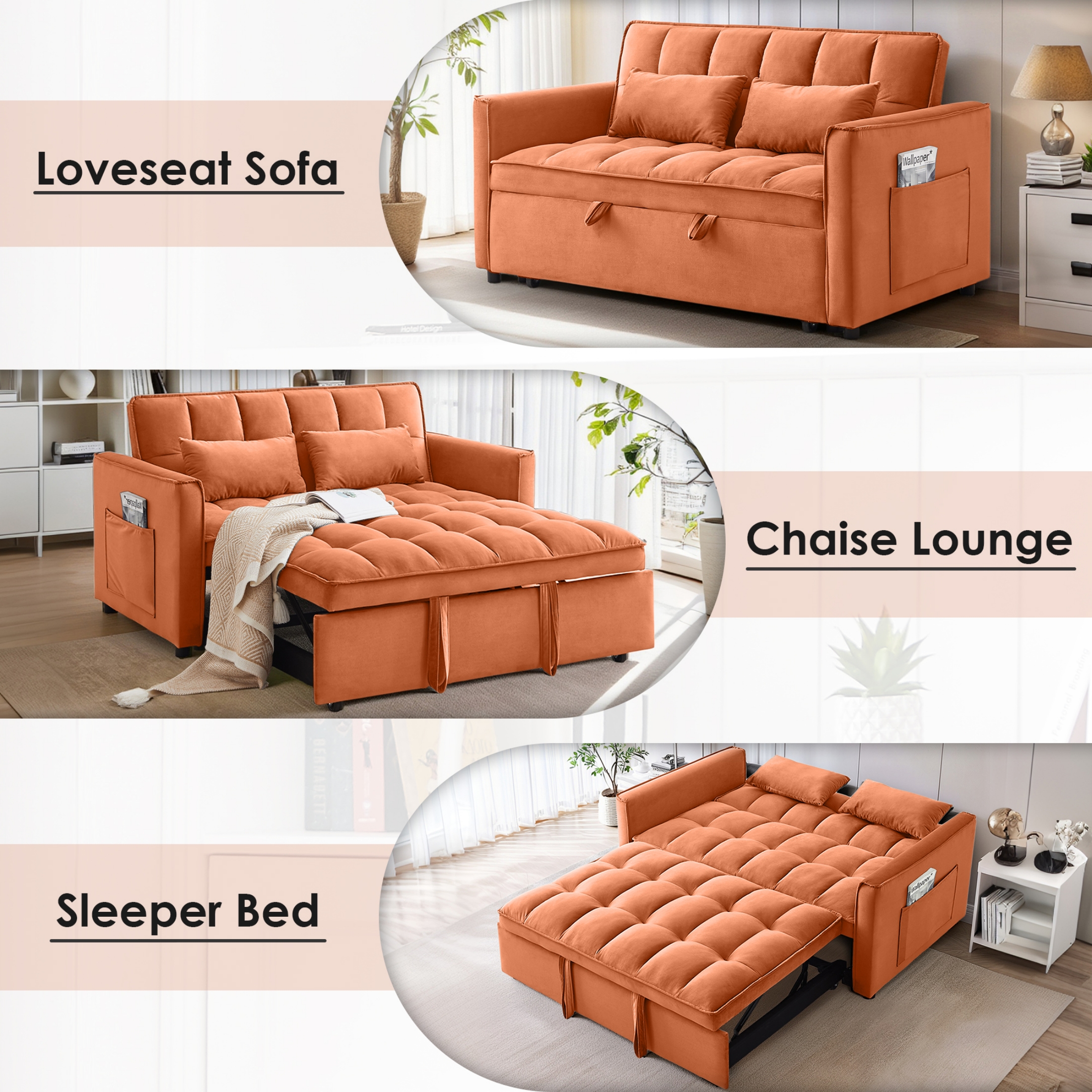 EPOWP Convertible Sofa Bed, 3 in 1 Pull Out Sleeper Loveseat Couch with Storage, Orange