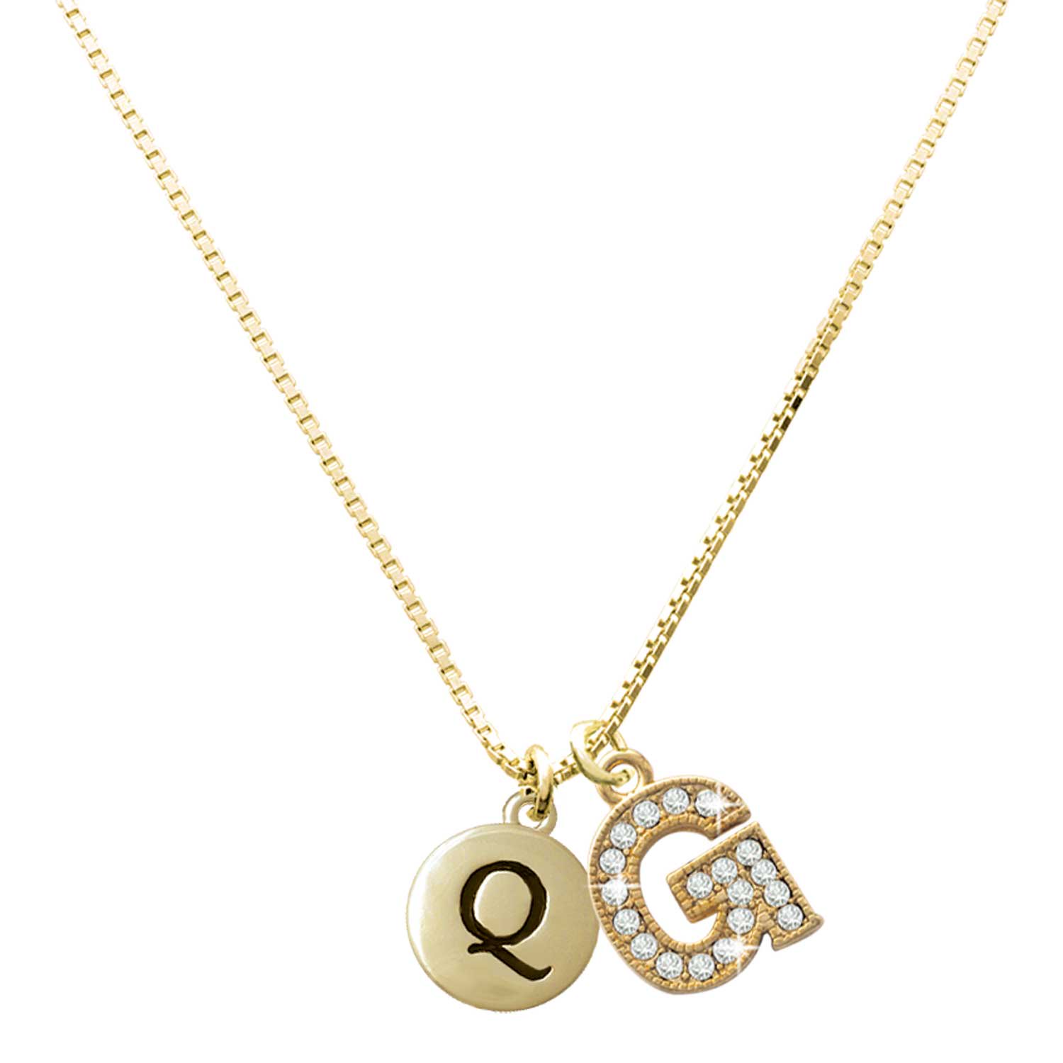 Delight Jewelry Gold-tone Capital Letter - Q - Pebble Disc and a Large Goldtone Crystal Initial G Charm Necklace 17.5 +2