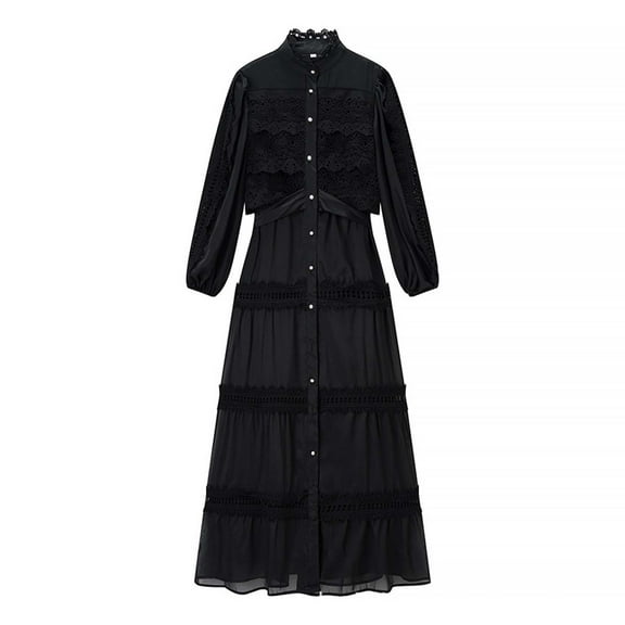 Winter Dresses for Women Lace Wedding Guest Dresses Solid Color Lantern Sleeve Button Round Neck Long Formal Dress