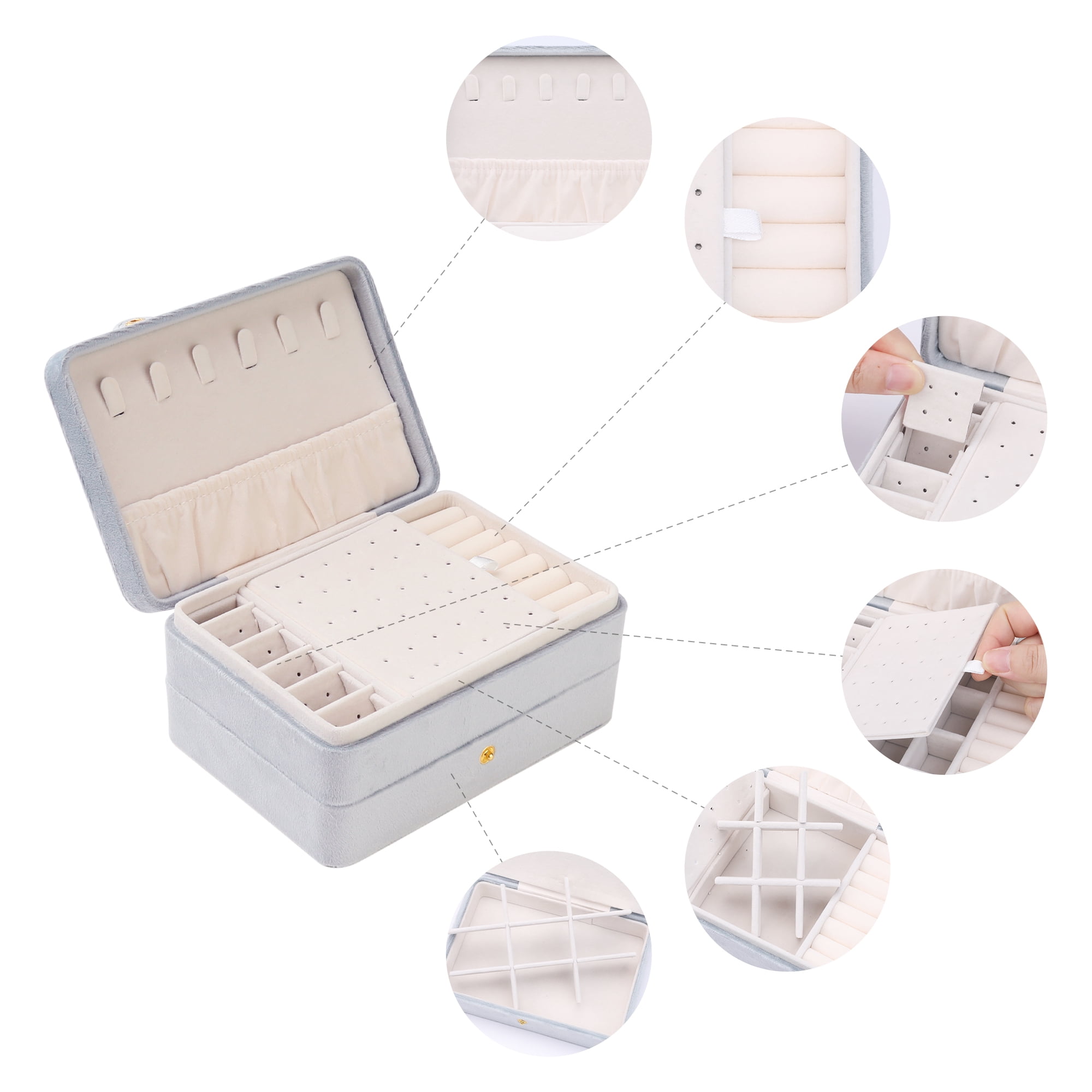 Unique Bargains 2 Layer Jewelry Box Plush Velvet Jewelry Organizer Case Storage Travel Gray