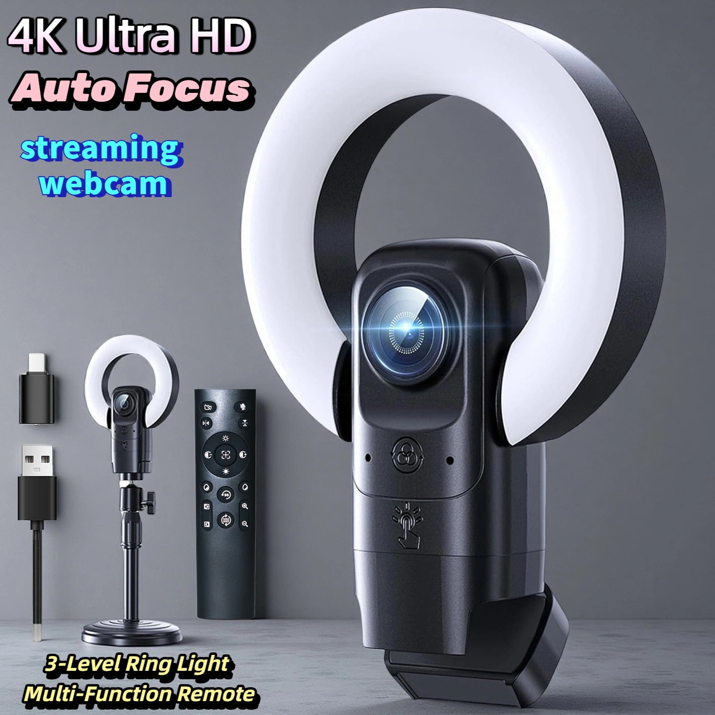 4K Webcam with AI Autofocus, Ring Light, Remote Control, Noise-Cancelling Mic for Streaming, Meetings, Classes