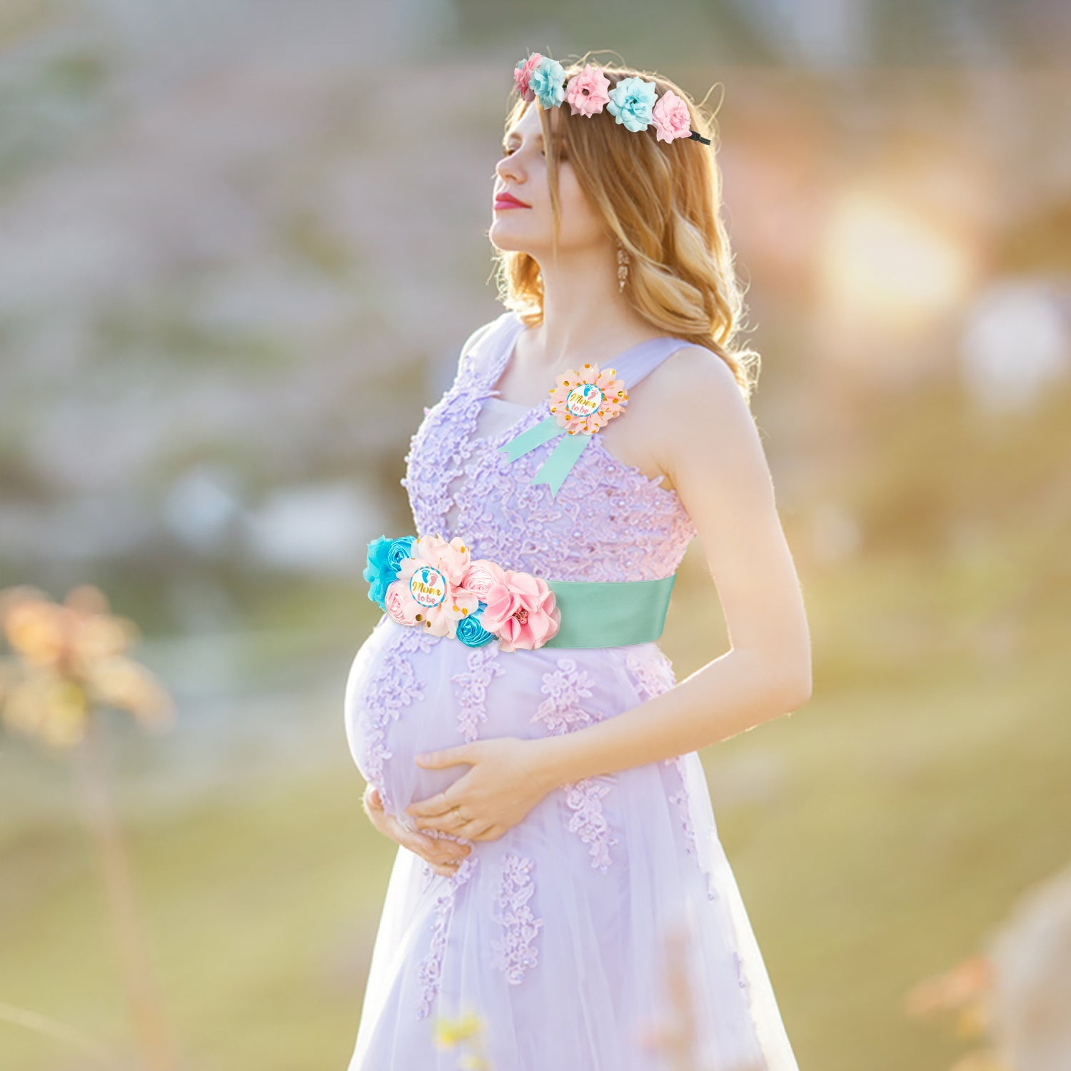 pink and blue maternity dress for gender reveal Pink&Blue Lace Backless Side Slit Gender Reveal Cute Maternity Maxi Dress  for Photoshoot  SeinDeal
