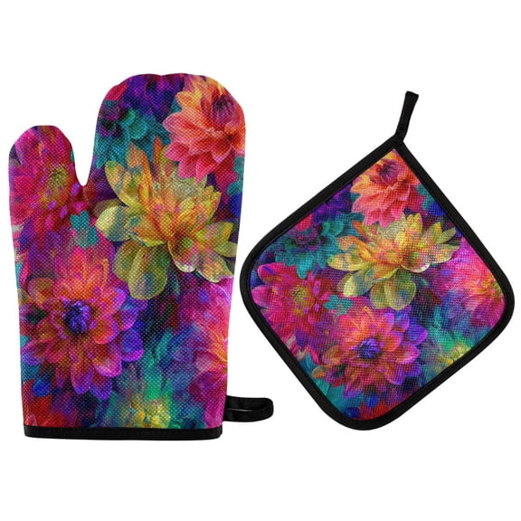 Heat-Resistant Reversible Oven Mitts and Pot Holders Set Double-Sided Insulated Gloves Kitchen Home Supplies Colorful and Bright Floral Pattern