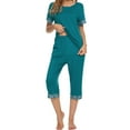 thumbnail image 2 of INSPIRE CHIC Women's Pajama Set Round Neck Short Sleeve Top with Capri Pants Casual Lounge Sleepwears XS Blue, 2 of 5
