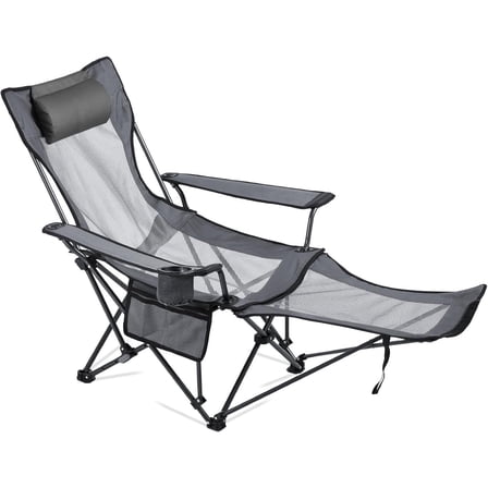 Reclining Camping Chair, 4 Adjustable Positions, Portable Folding Lounger for Adults, Mesh Beach Chair with Headrest & Foot Rest, Supports 220 lbs, Heavy Duty Camp Chairs for Patio, Gray