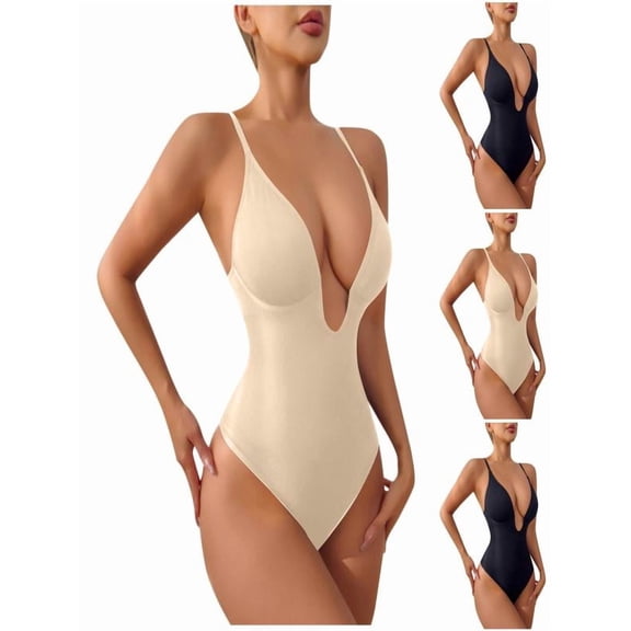 Women's Low Back Shapewear Deep V Neck Built-In Bra Low Cut Bodysuit Beige M