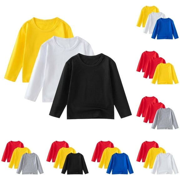 Ulanda Boys Girls 3 Pack Long Sleeve Shirts Cotton Casual Crewneck Printed Kids T-Shirts (Light Yellow, 2-3 Years)