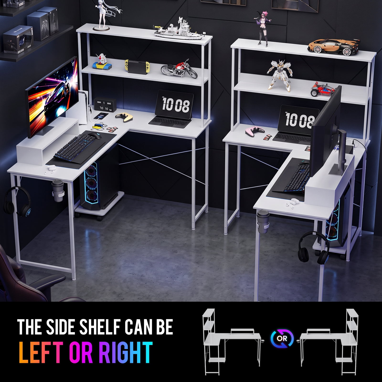 CLOUDREST PTO 53" L-Shaped Gaming Desk, Power Outlets & RGB LEDs, White