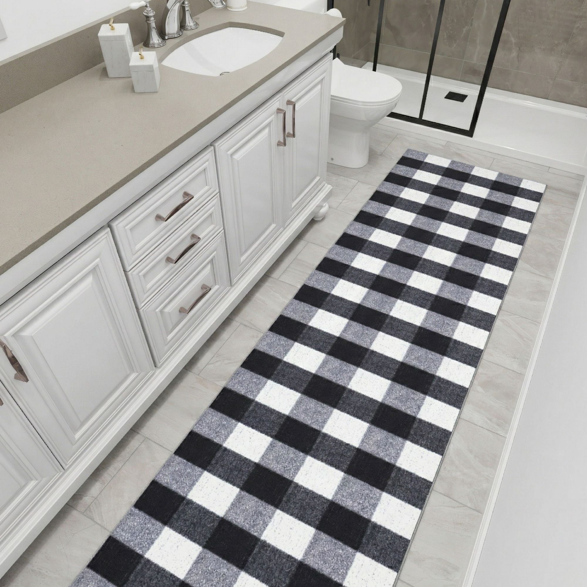 Ottomanson Extra Long Runner Rug 2'7" x 41' – Non-Slip Low Pile Hallway Carpet, Buffalo Plaid Black/White