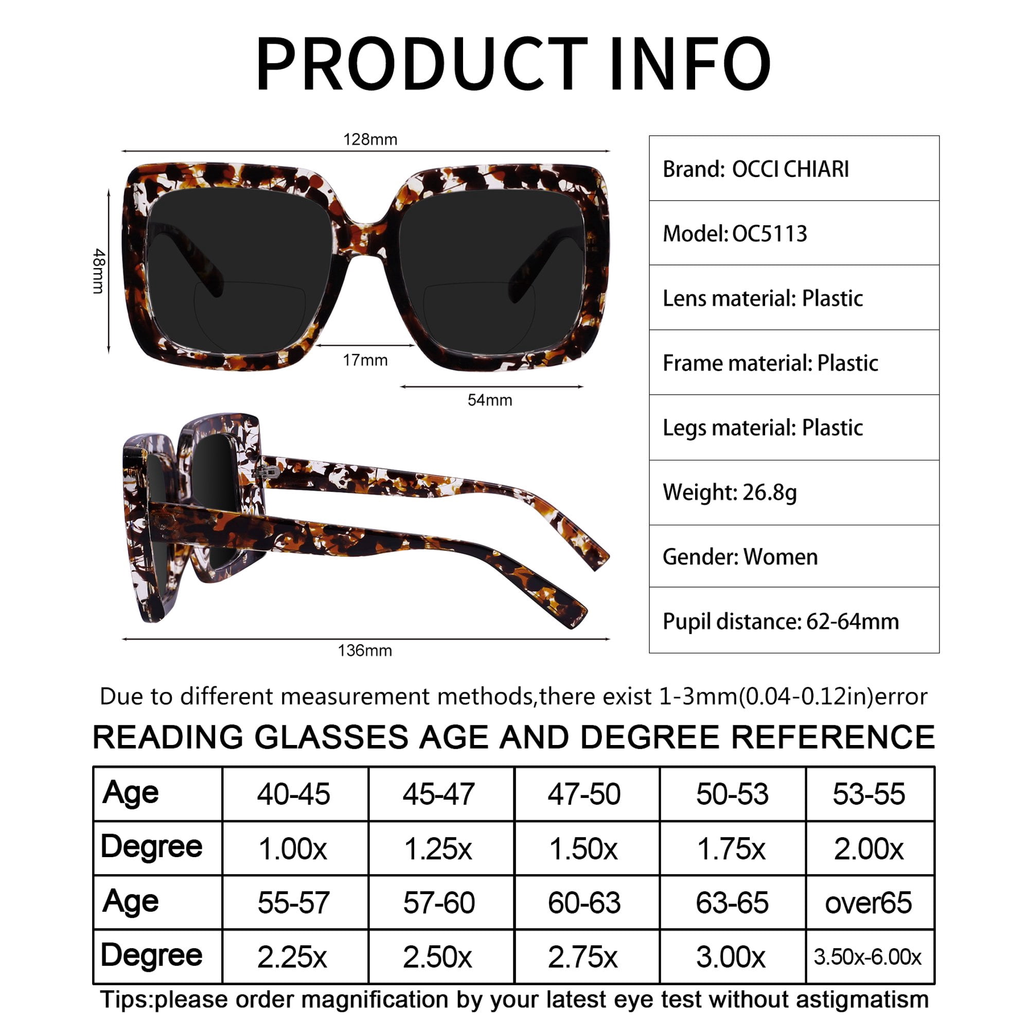 OCCI CHIARI Bifocal Sunglasses Reading Glasses Women Oversized Sunglass Readers 1.5 UV Protection Outdoor 1.0 1.5 2.0 2.5 3.0 3.5 with Acrylic Lens