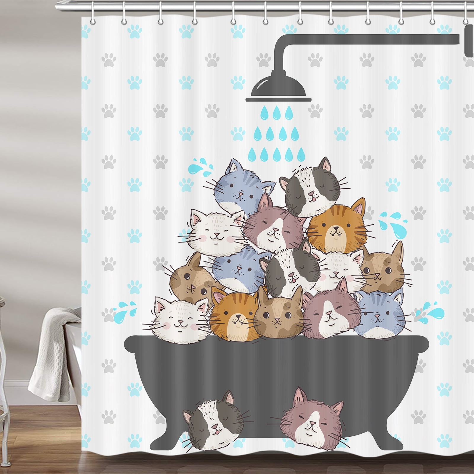 Funny Cute Cat Shower Curtain, Kawaii Animal Cat Fabric Shower Curtains ...