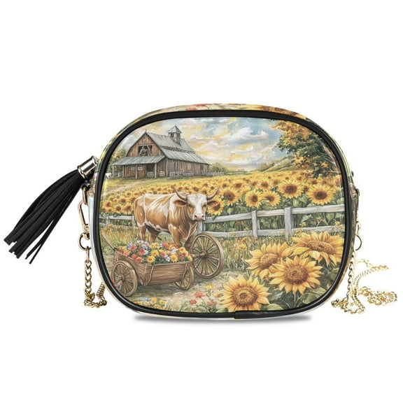 Womens Casual Chain Shoulder Bag Simple style Cow Sunflowers Barn and Cart Crossbody Bag