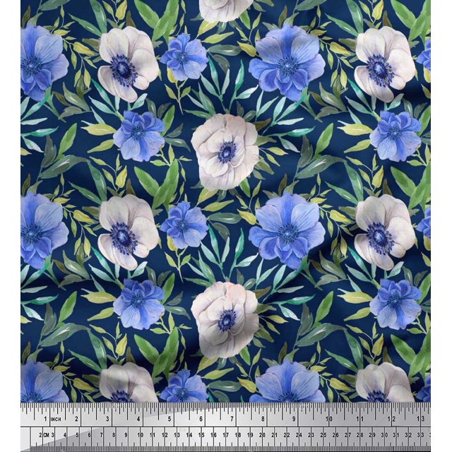 Soimoi Viscose Chiffon Fabric Leaves & Anemone Floral Printed Craft Fabric by the Yard 42 Inch Wide